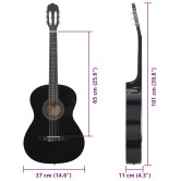 Fekete klasszikus hársfa gitár kezdőknek 4/4 39"