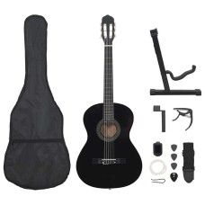 12 darabos fekete klasszikus gitár kezdőkészlet 4/4 39"