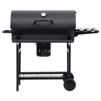 Fekete acél hengeres grillsütő kerékkel és polccal 115x85x95 cm