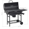 Fekete acél hengeres grillsütő kerékkel és polccal 115x85x95 cm