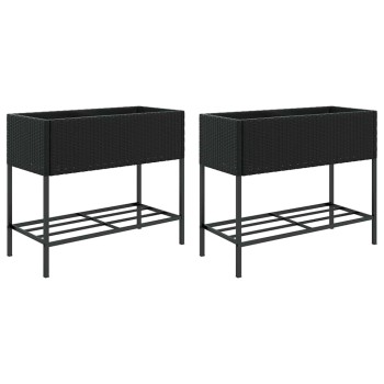 2 db fekete polyrattan kerti ültetőláda polccal 90 x 40 x 75 cm
