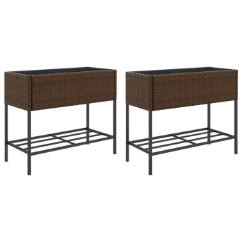 2 db barna polyrattan kerti ültetőláda polccal 90 x 40 x 75 cm