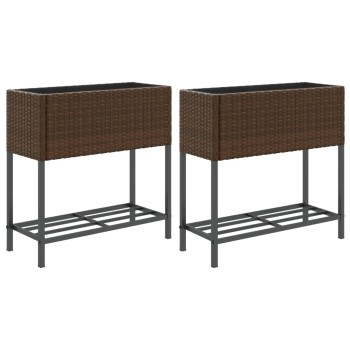 2 db barna polyrattan kerti ültetőláda polccal 70 x 28 x 70 cm