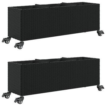 2 db fekete polyrattan növénytartó kerékkel 107x32x38 cm