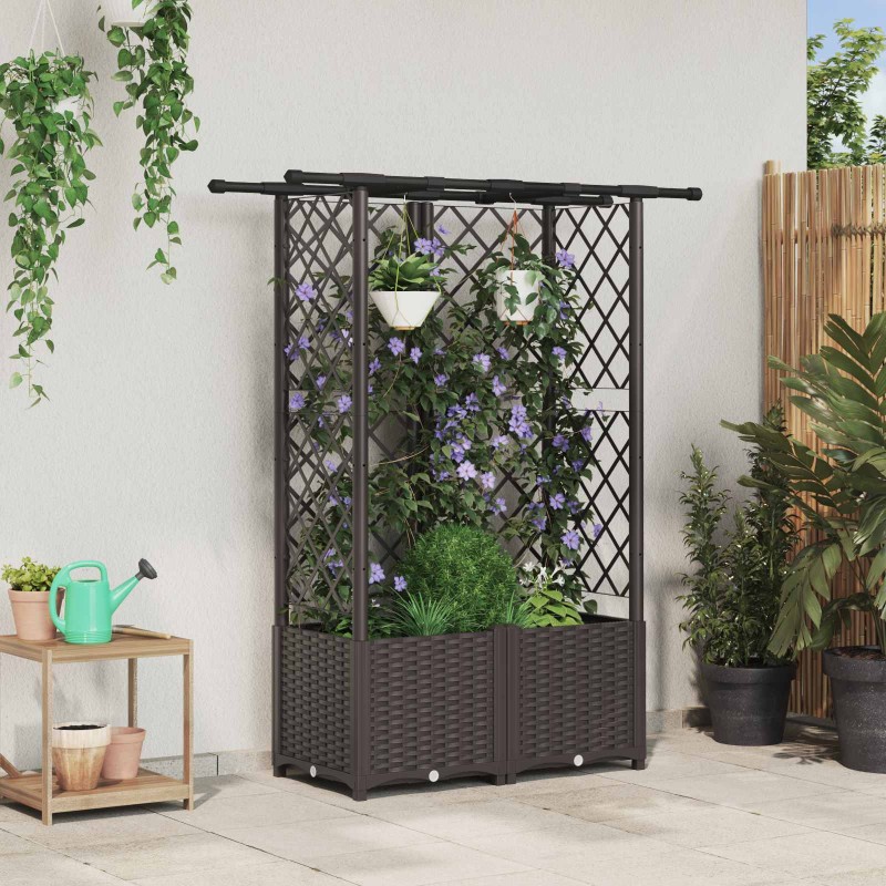 Magasított ágy trellis-szel és tetővel barna 124 x 40 x 138 cm