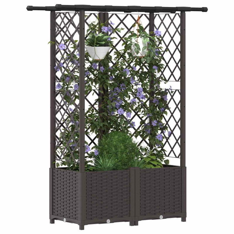 Magasított ágy trellis-szel és tetővel barna 124 x 40 x 138 cm