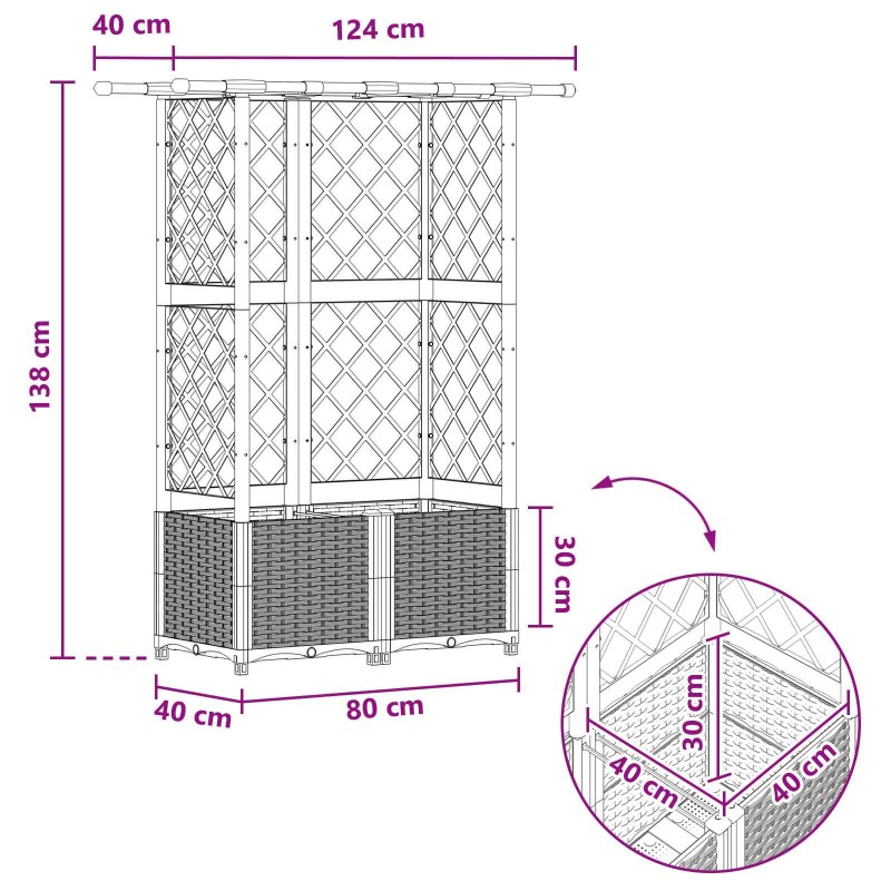 Magasított ágy trellis-szel és tetővel barna 124 x 40 x 138 cm