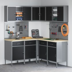 12 darabos munkasarok és pegboard szett fekete mdf-ből és fémből