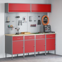 10 darabos munkaszekrény és pegboard készlet piros mdf-ből és fémből
