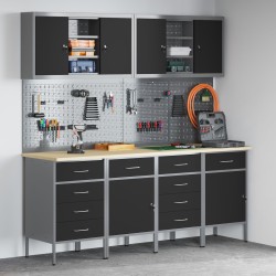 10 db-os munkakabinet és pegboard szett fekete mdf-ből és fémből
