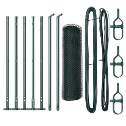Hatszögletű kerítés zöld 0.5x10 m acél, kerítésoszlopok aljzatlemezzel 7 db ø32mm 70cm galvanizált acél