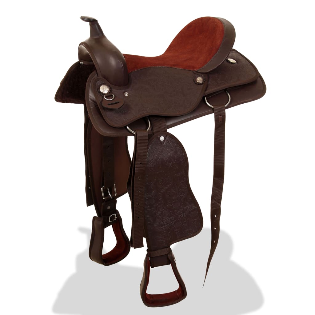 Barna valódi bőr western nyereg, kötőfék és nyakhám 15"