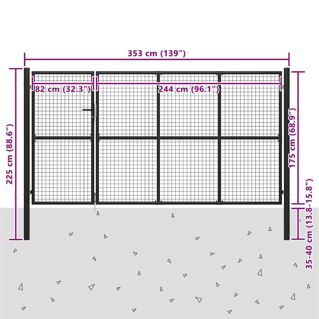 Antracit színű acél kerti kapu 350 x 175 cm