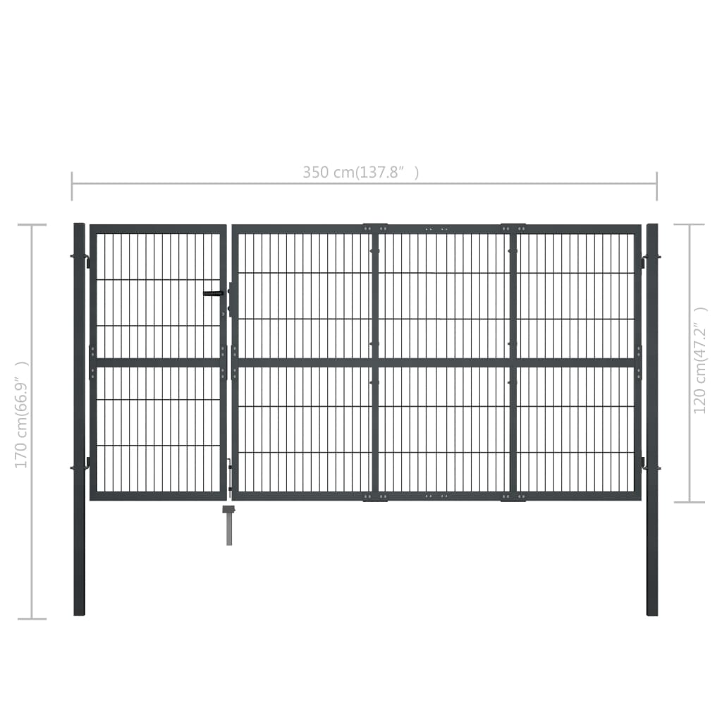 Antracitszürke acél kertkapu póznákkal 350 x 120 cm