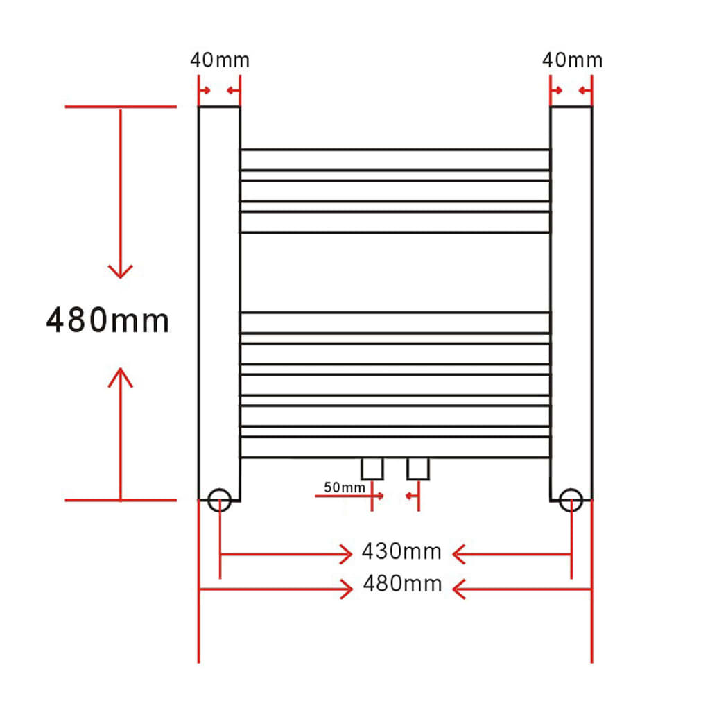 Fürdőszobai törölközőszárító radiátor központi fűtéssel oldalsó és középső csatlakozóval ívelt 480 x 480 mm