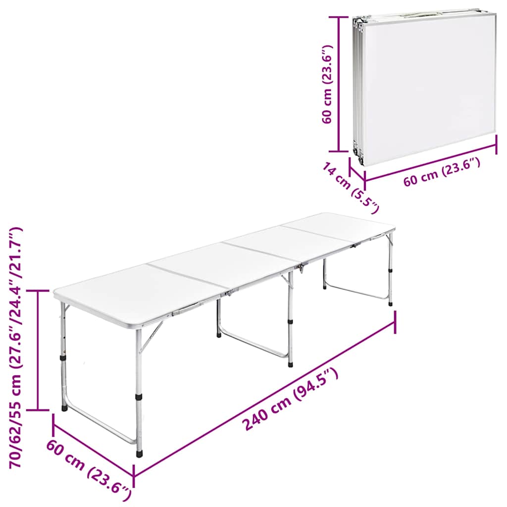 Összecsukható állítható alumínium kemping asztal 240 x 60 cm