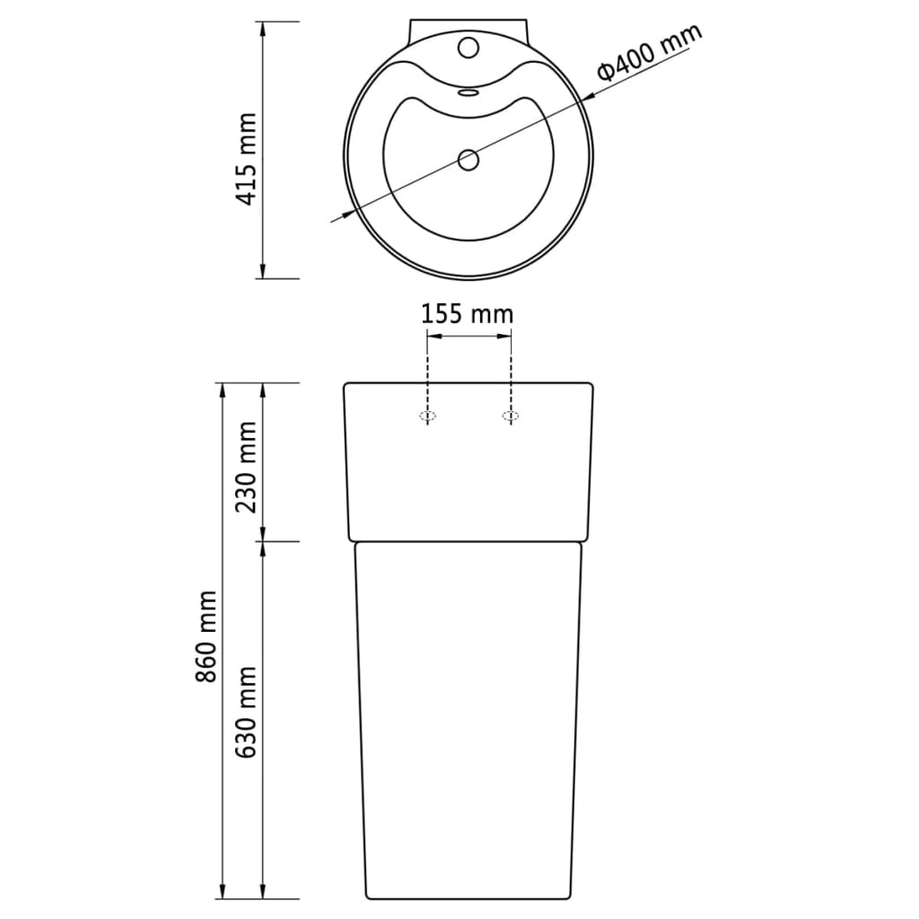Kerek álló kerámia fürdőszoba mosdókagyló csaptelep/túlfolyó lyukkal fehér