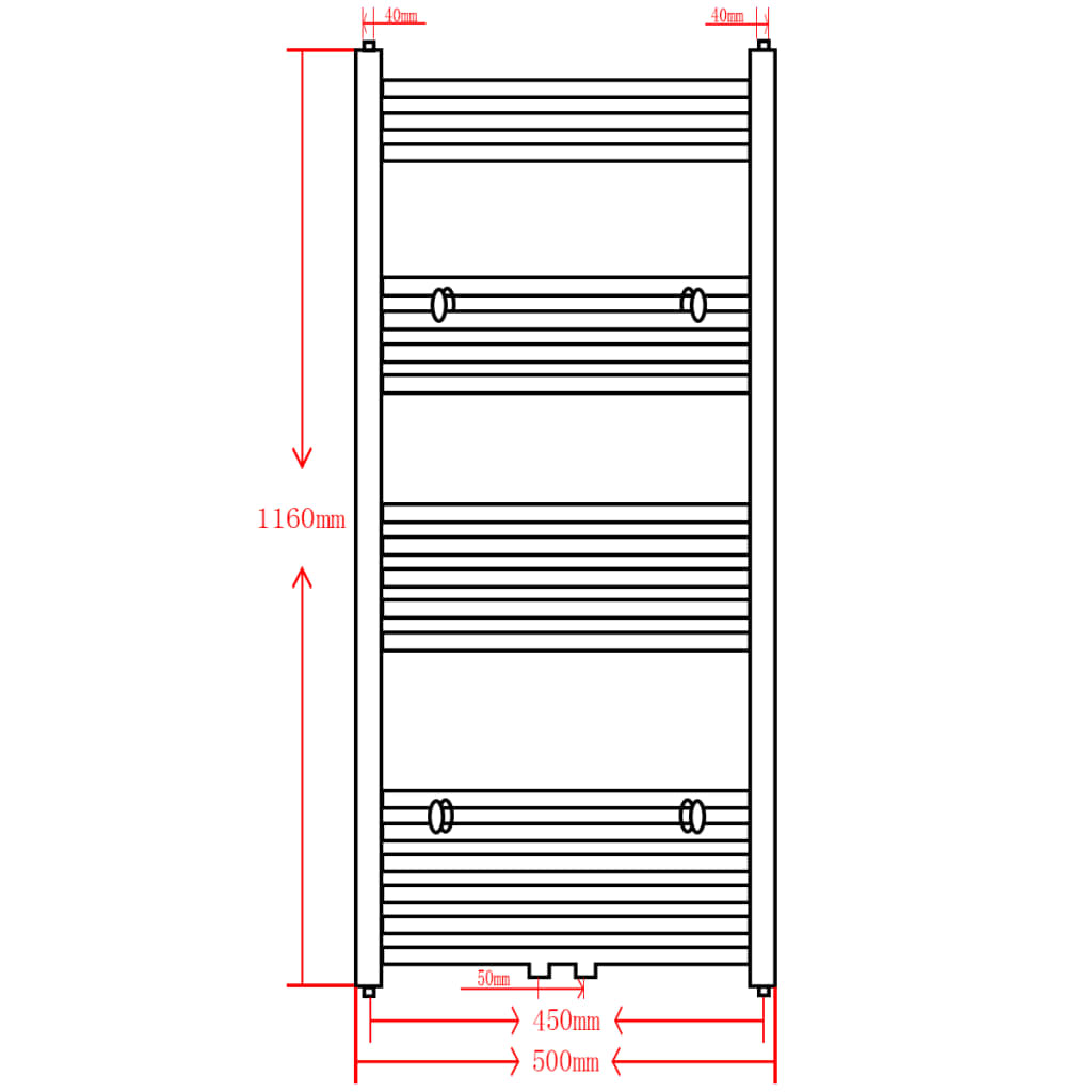 Egyenes fekete törölközőszárító radiátor központi fűtéssel 500x1160 mm