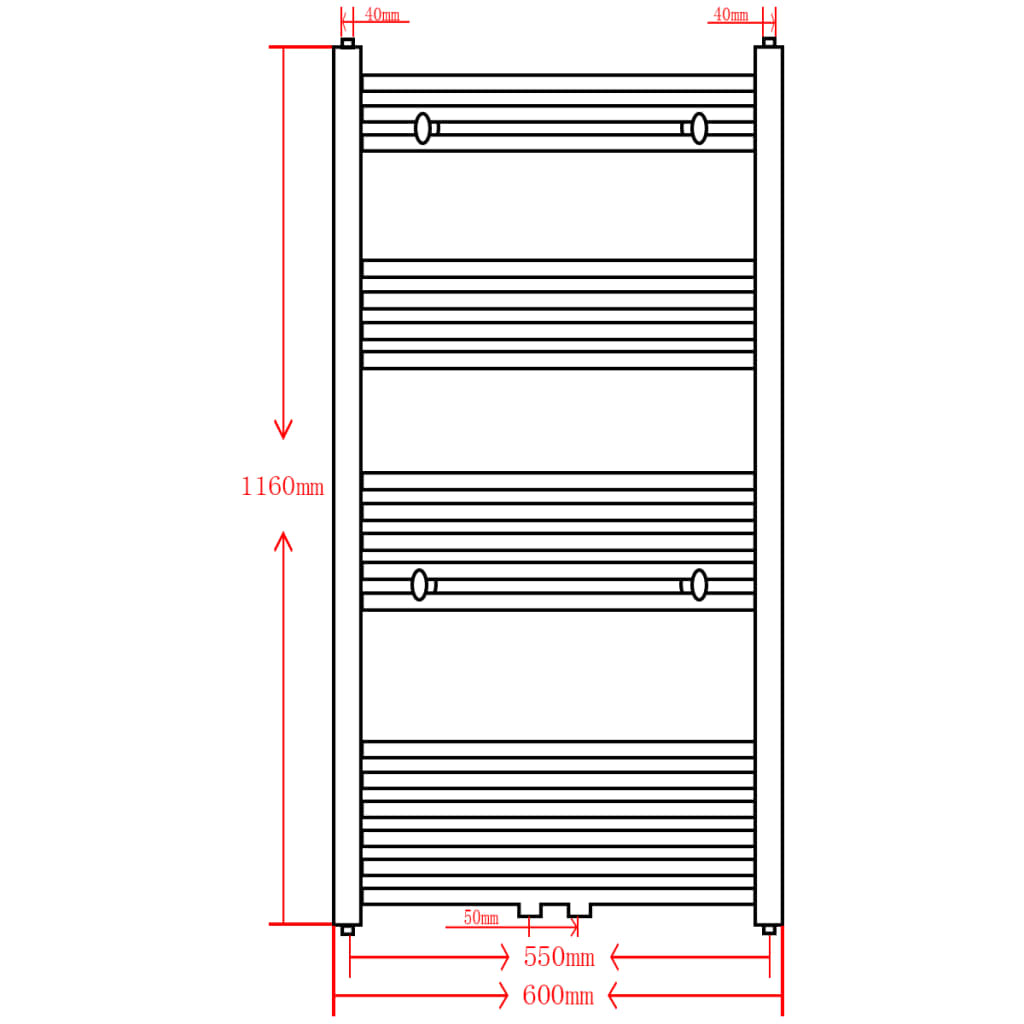 Egyenes fekete törölközőszárító radiátor központi fűtéssel 600x1160 mm