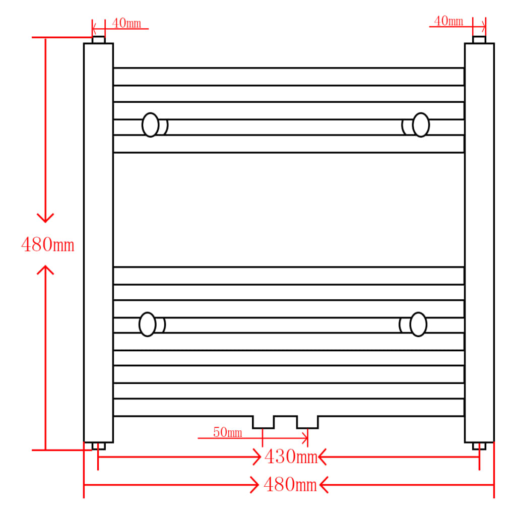 Ívelt fekete törölközőszárító radiátor központi fűtéssel 480 x 480 mm