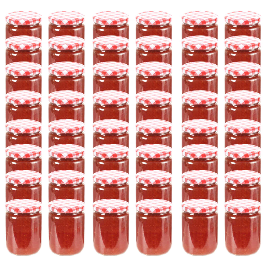 48 db 230 ml-es befőttesüveg piros-fehér tetővel 48 db 230 ml-es befőttesüveg piros-fehér tetővel