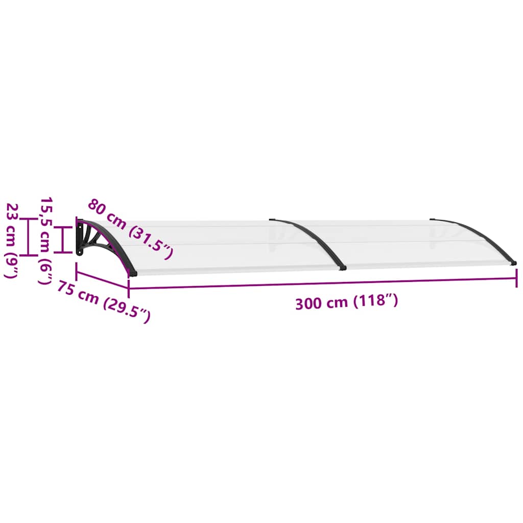 Fekete és átlátszó polikarbonát ajtóelőtető 300 x 75 cm