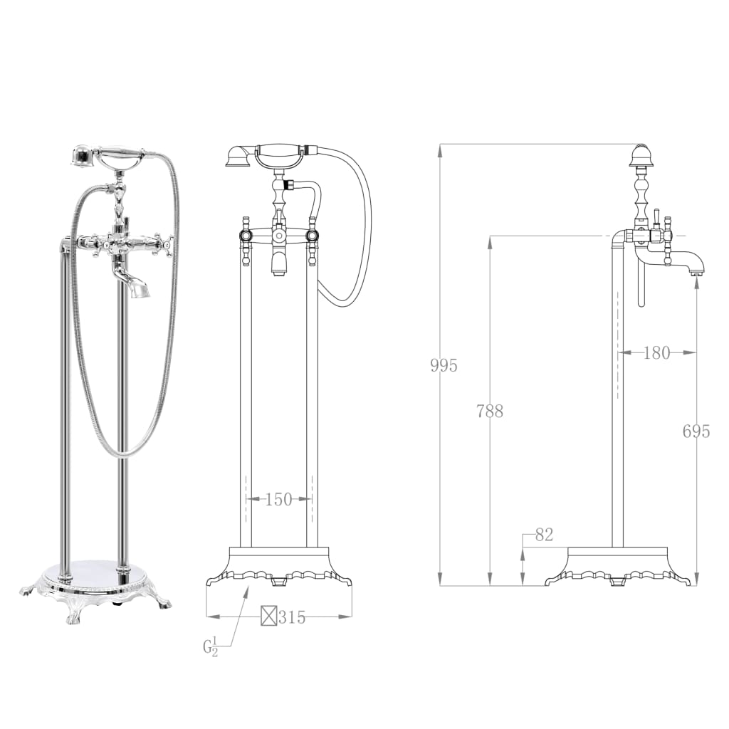 Ezüstszínű szabadon álló acél kádtöltő csaptelep 99,5 cm