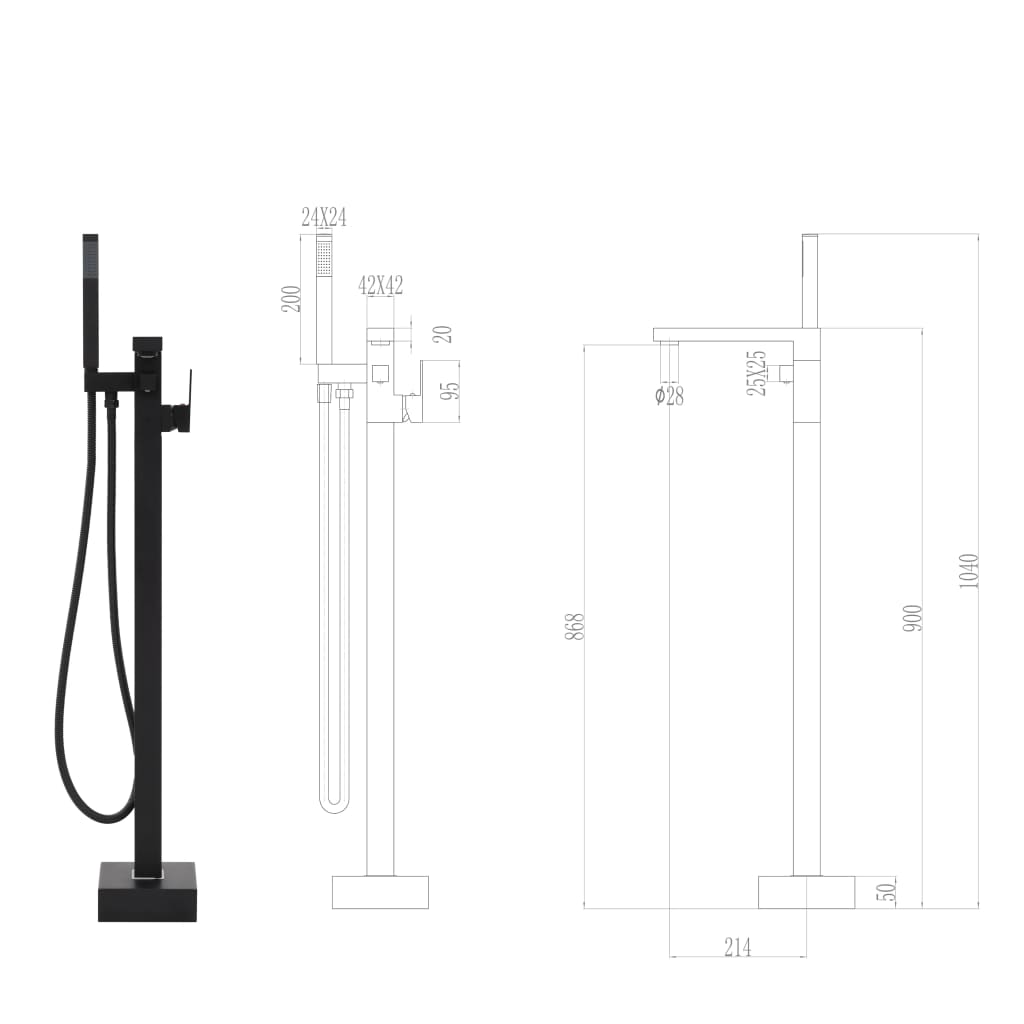 Fekete szabadon álló rozsdamentes acél kádtöltő csaptelep 90 cm Fekete szabadon álló rozsdamentes acél kádtöltő csaptelep 90 cm