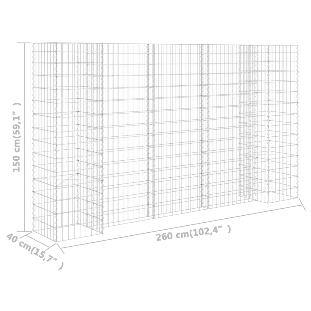 H alakú acéldrót virágtartó gabion 260 x 40 x 150 cm