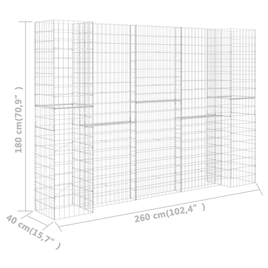 H alakú acéldrót virágtartó gabion 260 x 40 x 180 cm