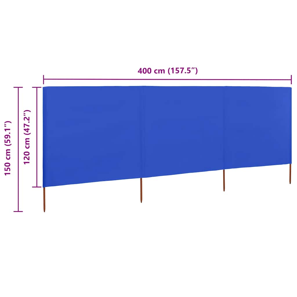 Azúrkék szövet 3-paneles szélfogó 400 x 120 cm