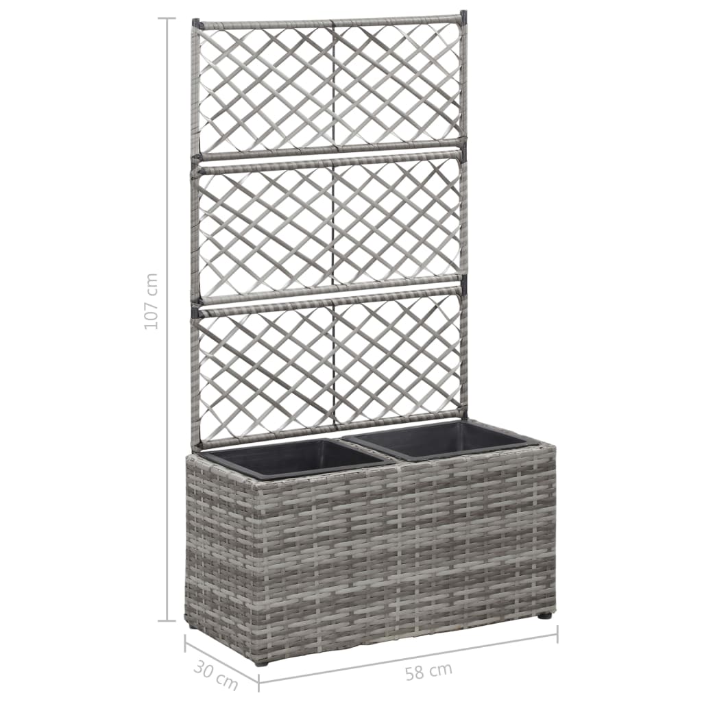Szürke rácsos polyrattan magaságyás 2 kaspóval 58 x 30 x 107 cm