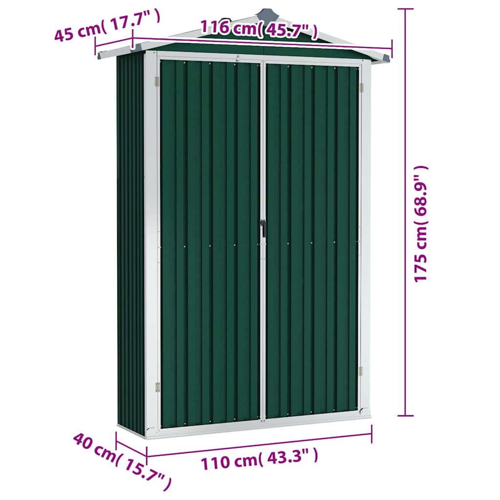 Zöld horganyzott acél kerti fészer 116x45x175 cm