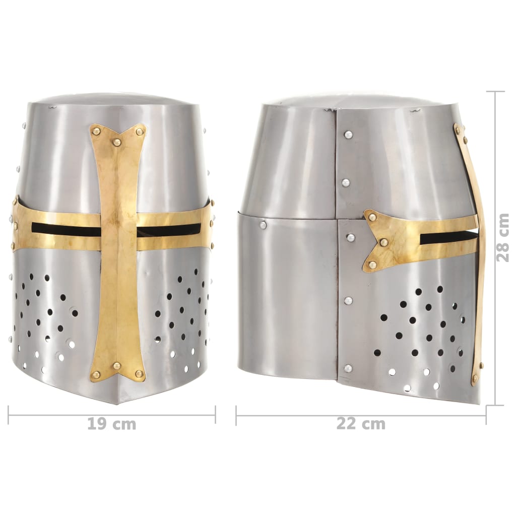 Ezüst antik középkori keresztes lovagi acélsisak larp másolat