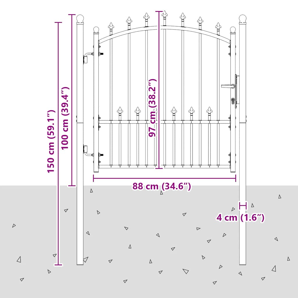 Fekete acél kerítéskapu emmen tüskékkel 104 x 97 cm