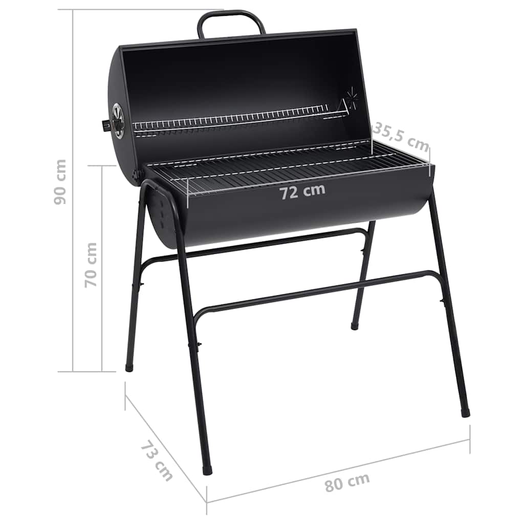 Fekete acél henger alakú grillsütő 2 sütőráccsal 80x95x90 cm