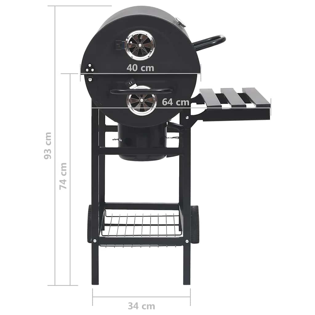 Fekete acél hengeres grillsütő kerékkel és polccal 115x85x95 cm