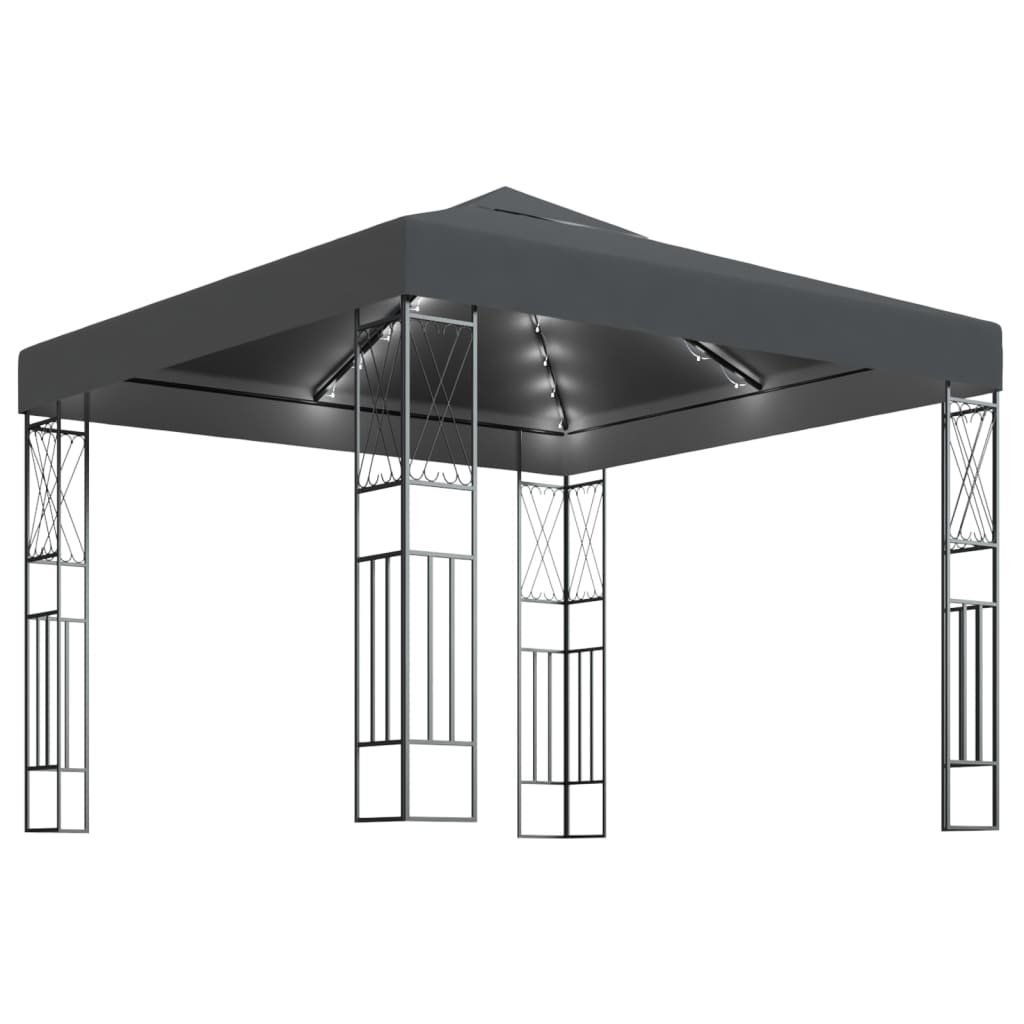 Antracitszürke szövet pavilon led fényfüzérrel 3 x 3 m