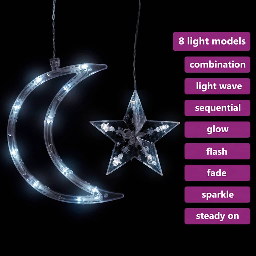 345 hideg fehér led-es csillag és hold fényfüzér távirányítóval