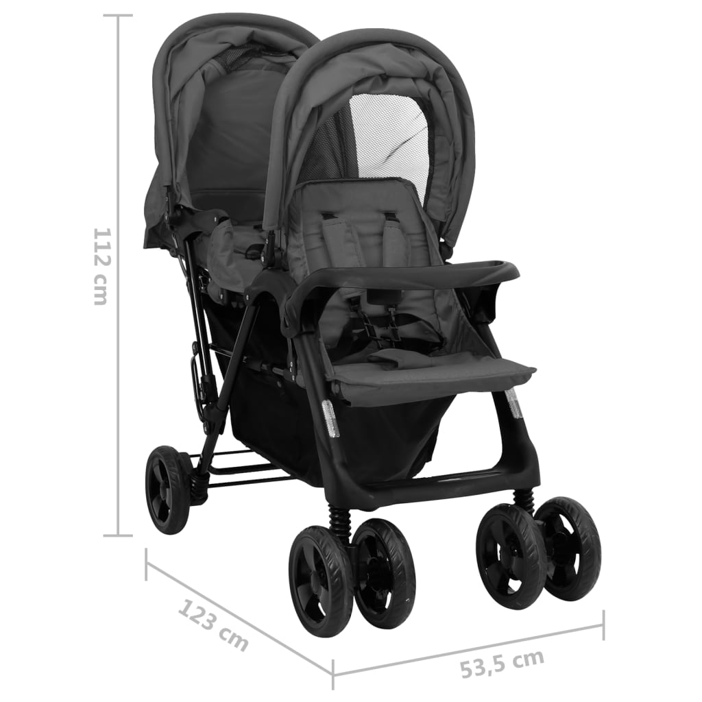 Sötétszürke acél ikerbabakocsi tetővel