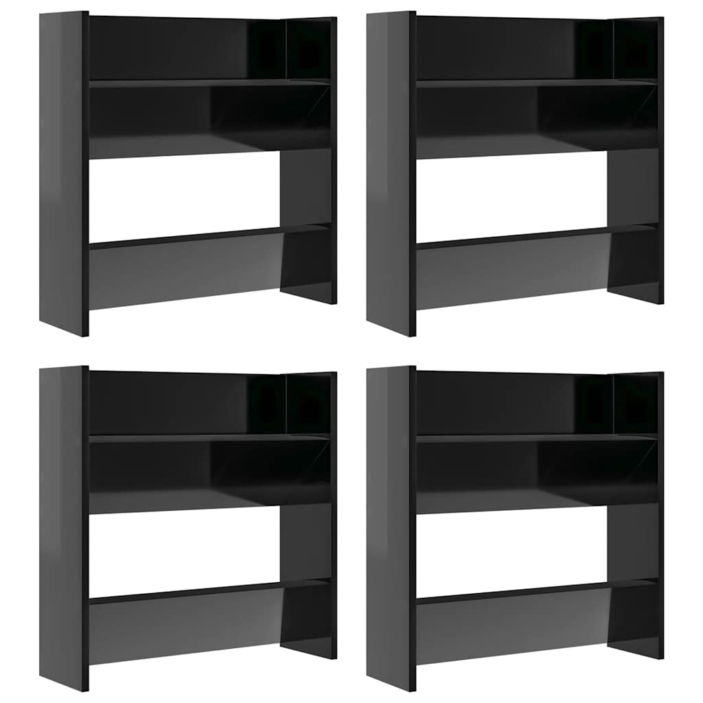 4 db magasfényű fekete szerelt fa fali cipősszekrény 60x18x60cm