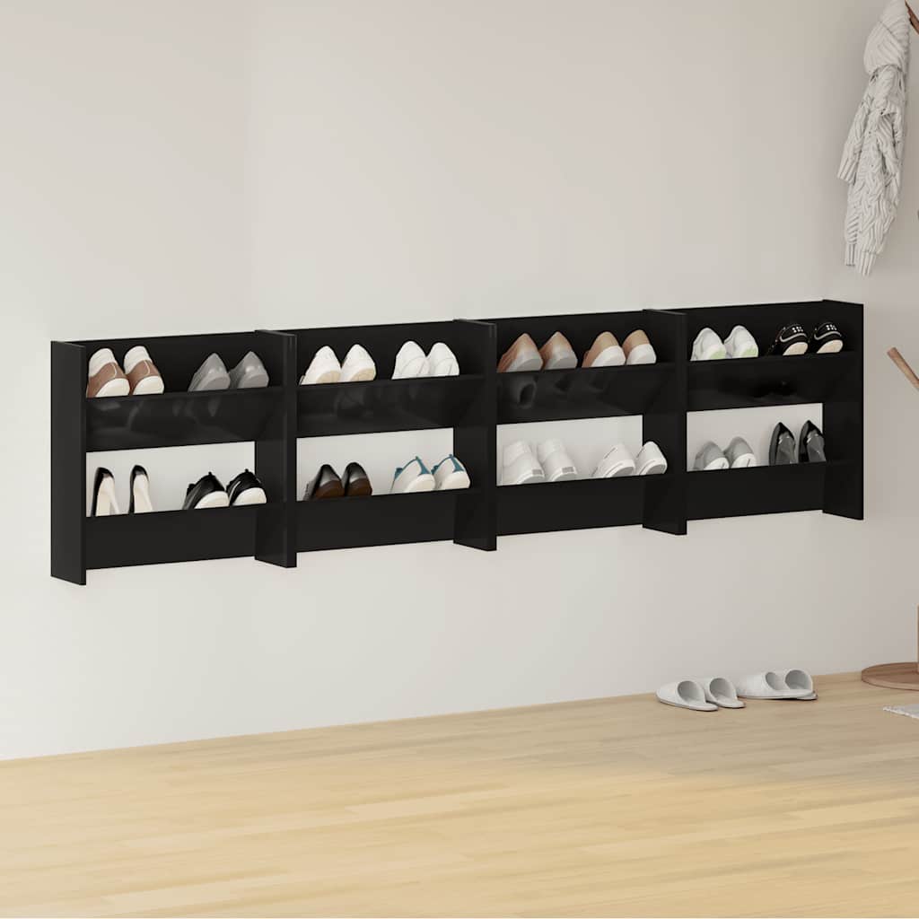 4 db magasfényű fekete szerelt fa fali cipősszekrény 60x18x60cm