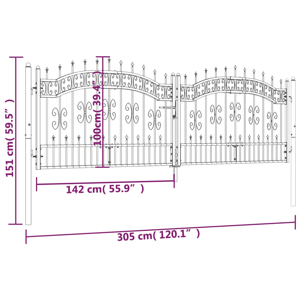 Fekete porszórt acél kerítéskapu lándzsa hegyekkel 305 x 151 cm