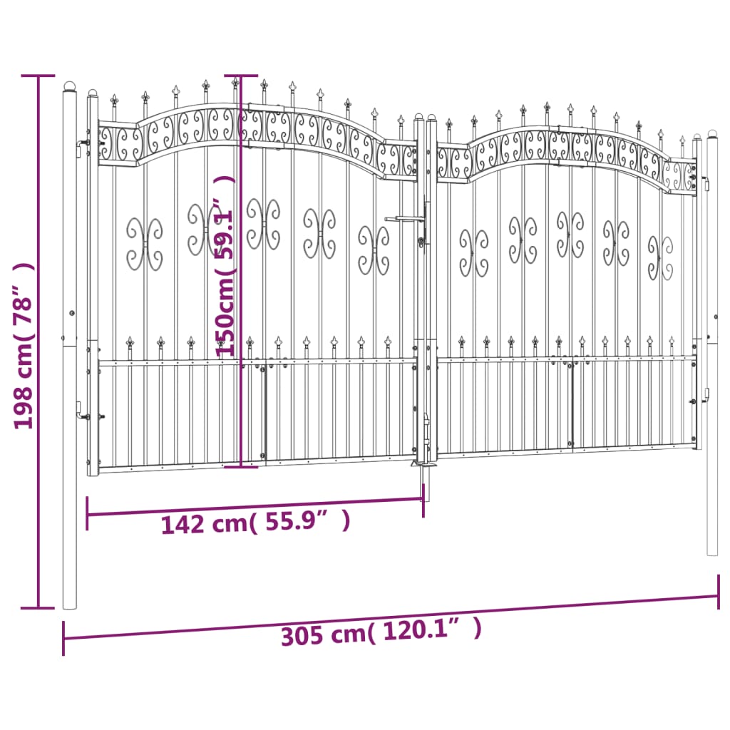 Fekete porszórt acél kerítéskapu lándzsa hegyekkel 305 x 198 cm