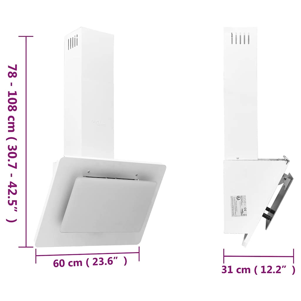 Fehér rozsdamentes acél és edzett üveg fali páraelszívó 60 cm