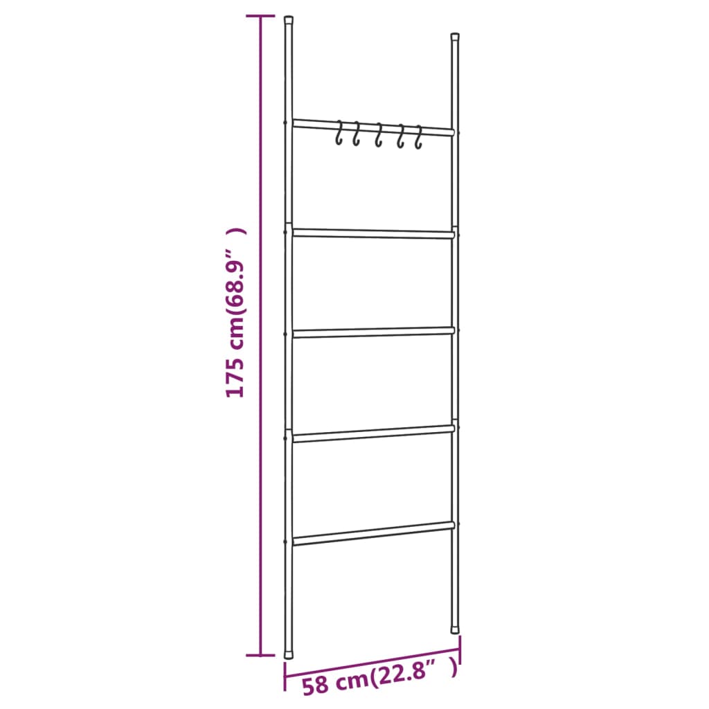 5 szintes fekete vas törölközőtartó létra 58 x 175 cm 5 szintes fekete vas törölközőtartó létra 58 x 175 cm