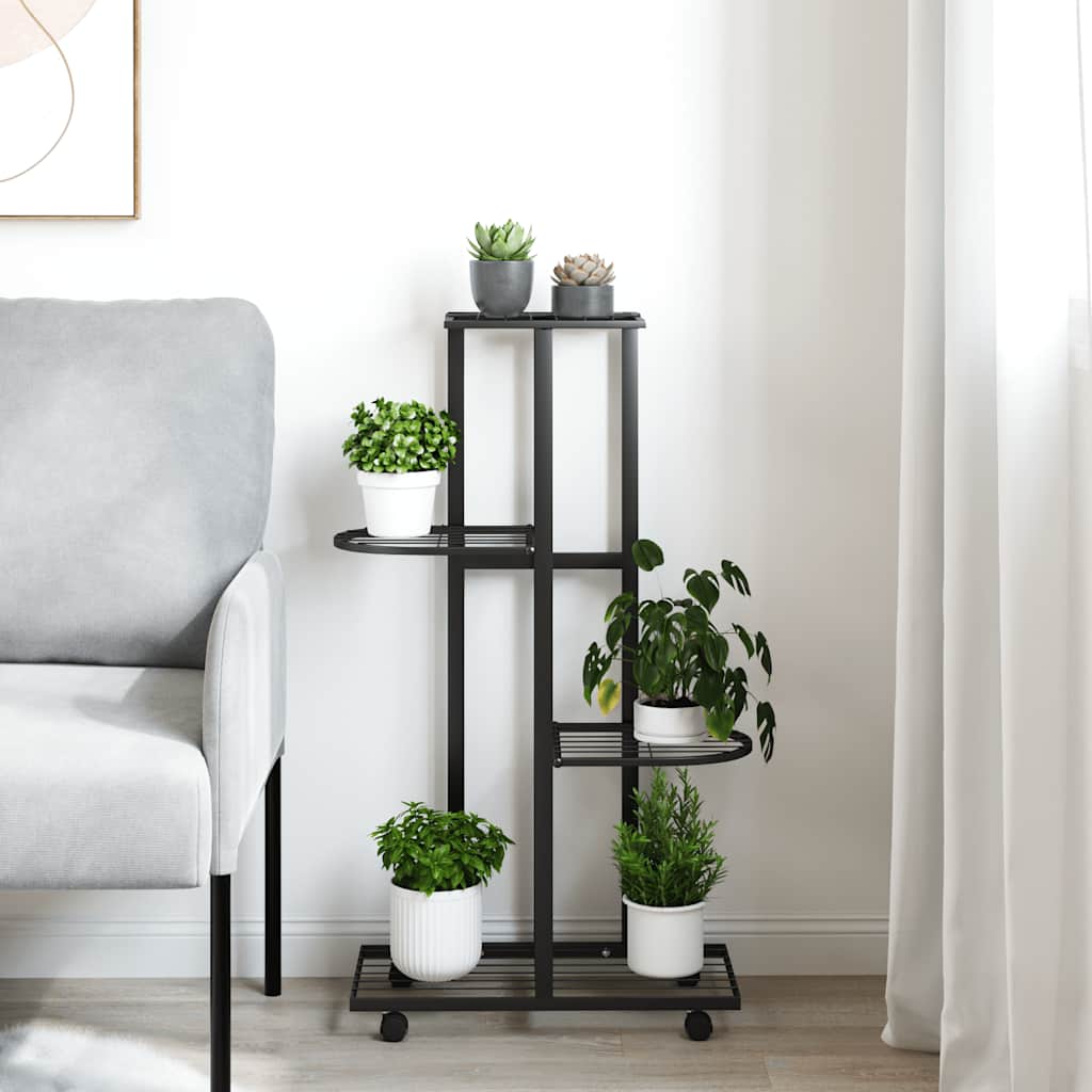 4 szintes fekete vas virágtartó állvány kerekekkel 44x23x80 cm