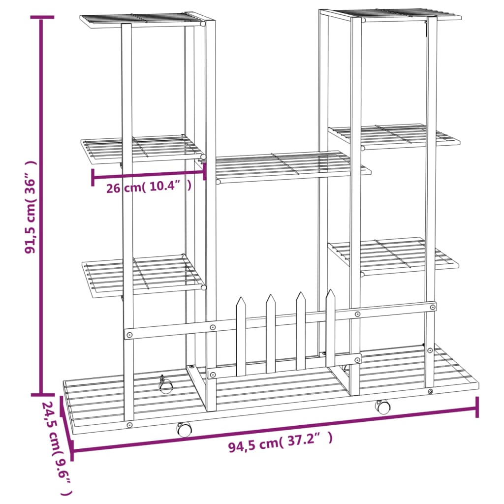 Fehér vas virágtartó állvány kerekekkel 94,5 x 24,5 x 91,5 cm