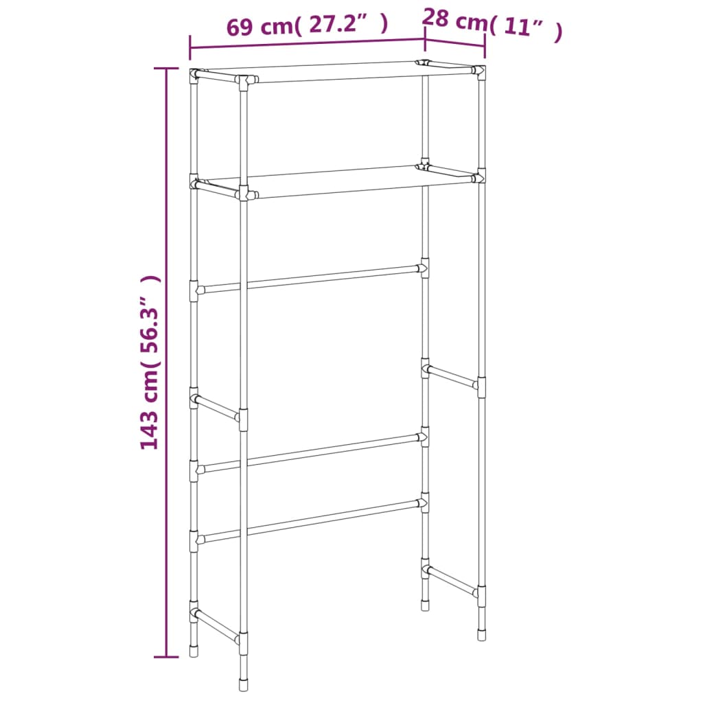 2 szintes fekete vas mosógép feletti tárolóállvány 69x28x143 cm 2 szintes fekete vas mosógép feletti tárolóállvány 69x28x143 cm