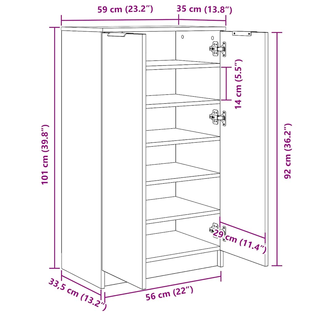 Szürke sonoma színű szerelt fa cipősszekrény 59 x 35 x 100 cm